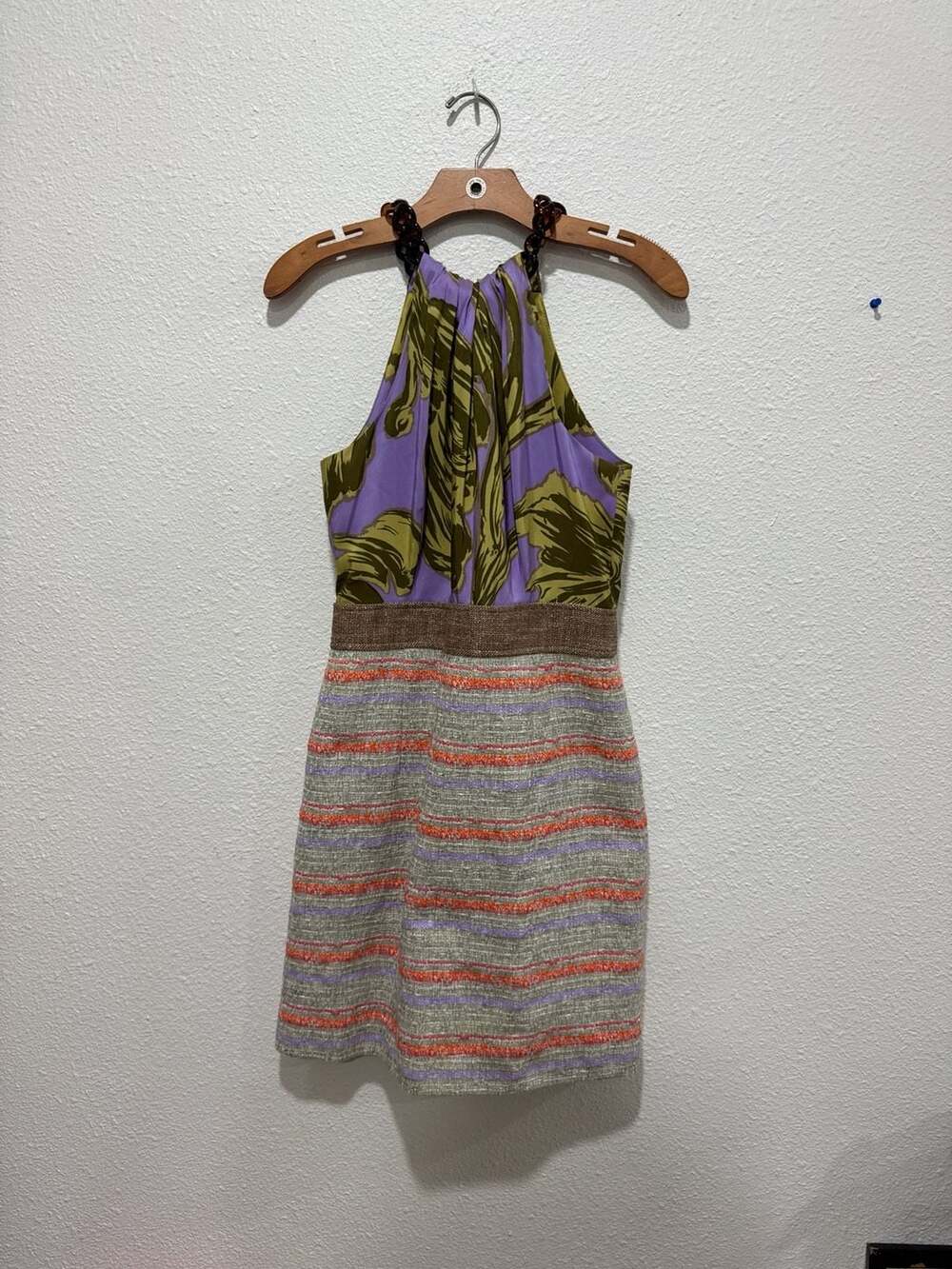 Milly Mixed Media Floral and Striped Tweed Halter Mini Dress Size 4